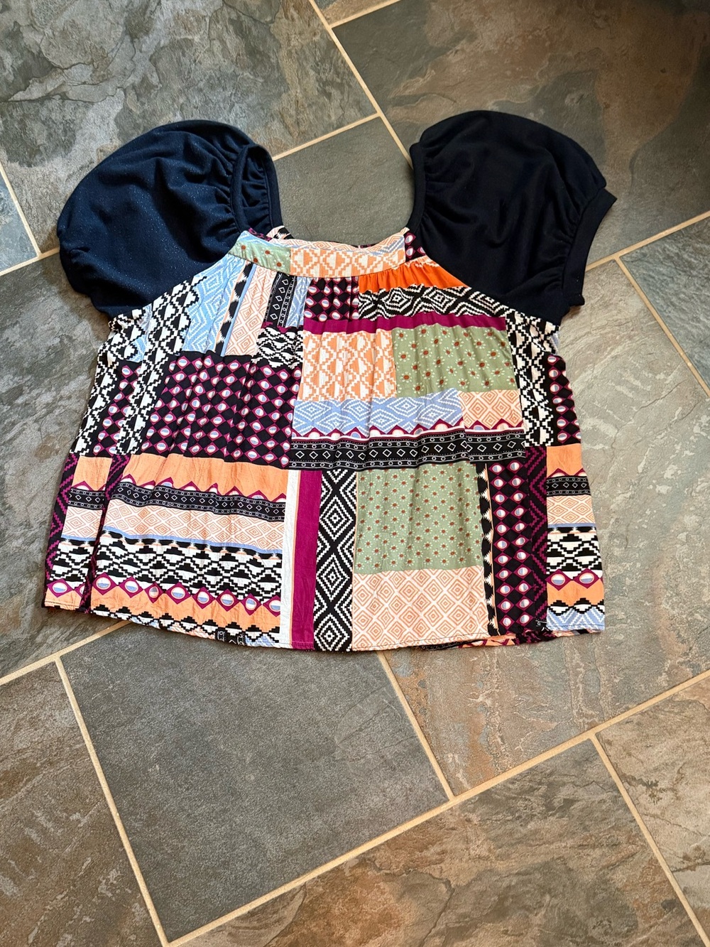 Maeve Patchwork Print Short-Sleeve Blouse with Navy Sleeves